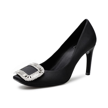 Дамски сатенени обувки с квадратна катарама, високи токчета, кръгла предна част, гумена подметка