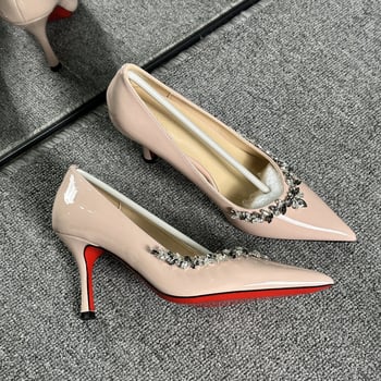 Дамски обувки на ток с остър нос, патентована кожа и кристали, тънък ток 6–8 см