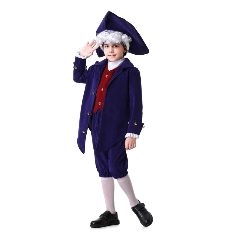 Dječji retro odvjetnički kostim za Halloween – cosplay odijelo u stilu predsjednika Washingtona, poliester i velur, zima 2025, za djecu do 17 godina, set za scenske nastupe