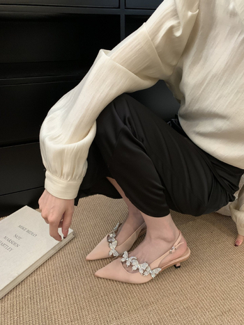 Ženske satin šandale s rhinestones na vrhu, zatvoreni prsti, PU gornji dio, debeli pet 6-8 cm, korejski stil, prugasti uzorak