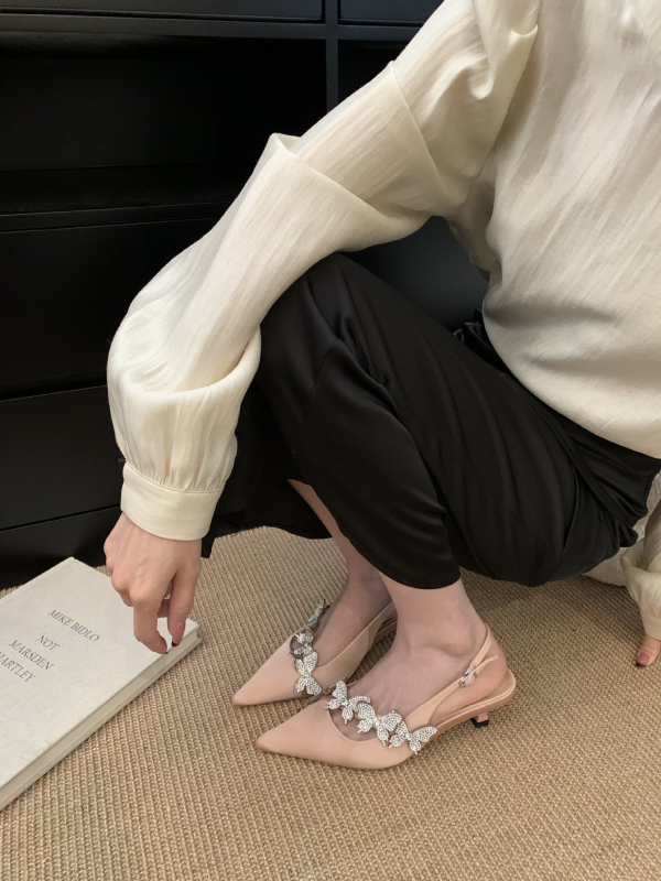 Ženske satin šandale s rhinestones na vrhu, zatvoreni prsti, PU gornji dio, debeli pet 6-8 cm, korejski stil, prugasti uzorak