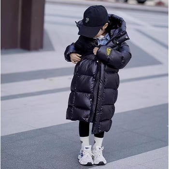 Дълго зимно яке с качулка, ултра плътно, найлонова материя, патеши пух 50%, дължина 80–100 см, цип