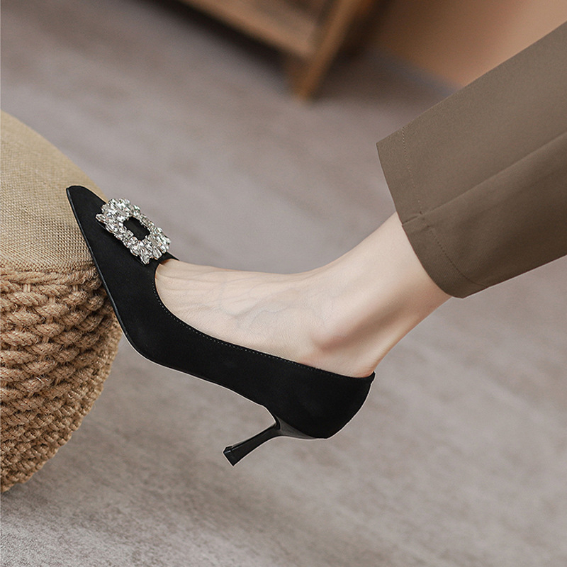 Обувки за банкети — заострен нос, велур, 6–8 см висок ток, тънък ток, PU стелка