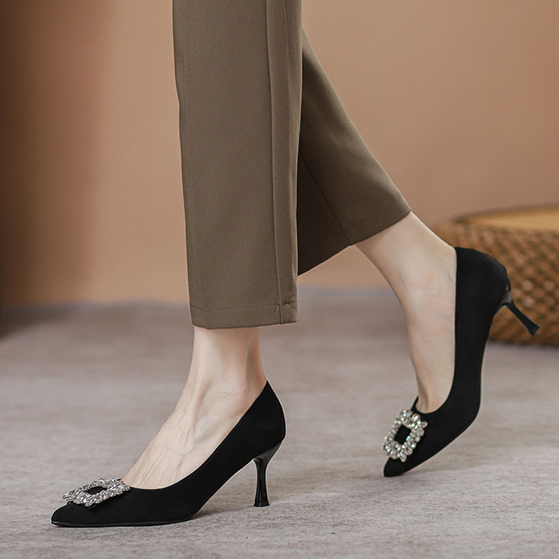 Обувки за банкети — заострен нос, велур, 6–8 см висок ток, тънък ток, PU стелка