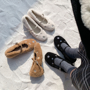 Mary Jane обувки, кръгъл нос, горна част от вълнена смес, среден ток 3–6 cm, кадифена подплата