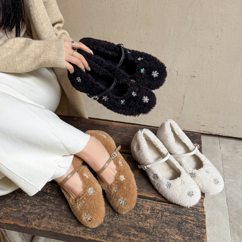 Mary Jane обувки, кръгъл нос, горна част от вълнена смес, среден ток 3–6 cm, кадифена подплата