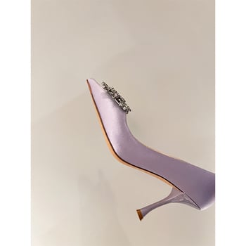 Дамски високи токчета с остър нос, кристална снежинка и винена чаша – сатенен горен слой, кожена подметка, вътрешност от овча кожа, 6–8 см