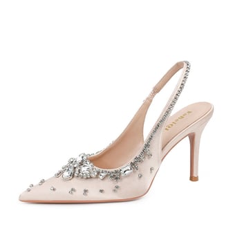 Дамски обувки за тържества с заострен нос, сатенен горен материал, среден ток 3-6 cm, еластична лента за закриване (Пролет)