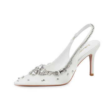 Дамски обувки за тържества с заострен нос, сатенен горен материал, среден ток 3-6 cm, еластична лента за закриване (Пролет)