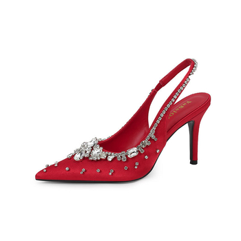 Дамски обувки за тържества с заострен нос, сатенен горен материал, среден ток 3-6 cm, еластична лента за закриване (Пролет)