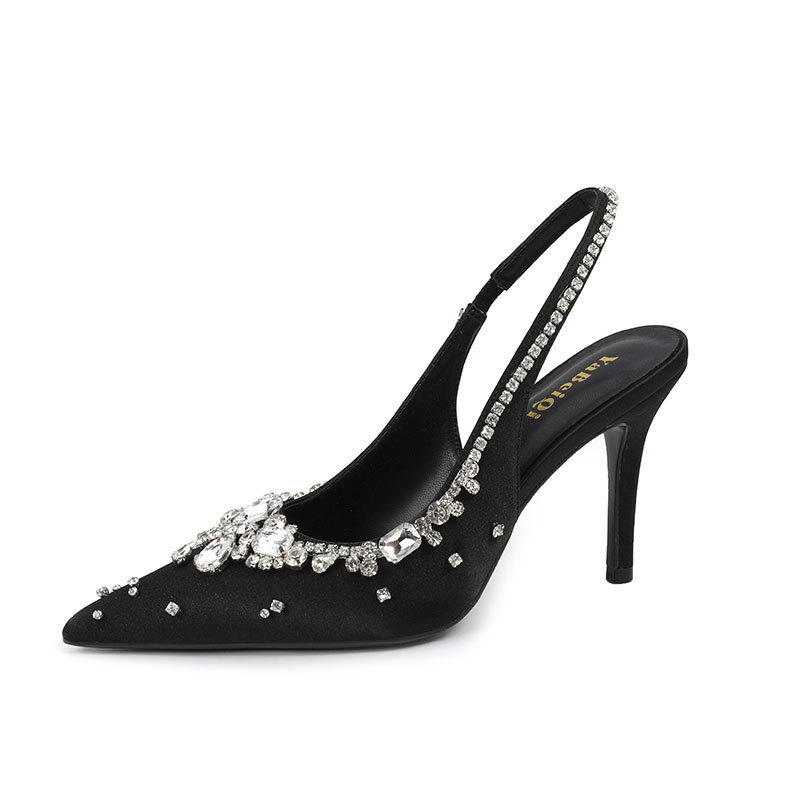 Дамски обувки за тържества с заострен нос, сатенен горен материал, среден ток 3-6 cm, еластична лента за закриване (Пролет)