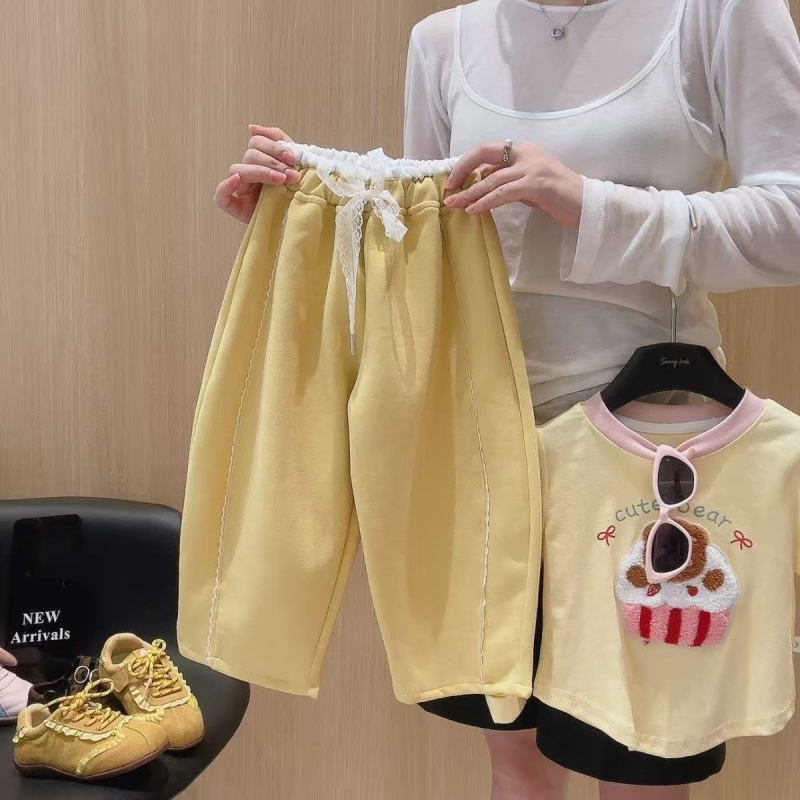 Gyerekeknek szóló balett-stílusú nadrág csipke-szegéllyel, patchwork és ívelt széllel, 50% pamut, 3–8 éveseknek