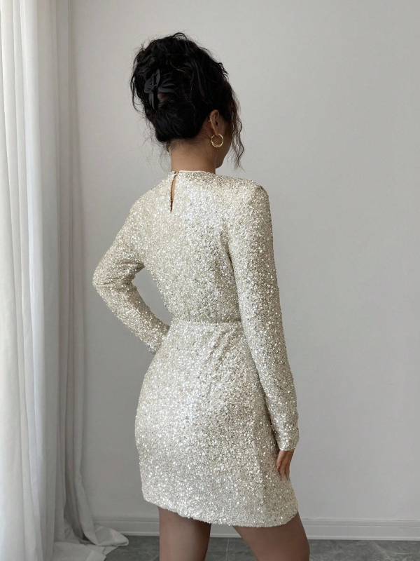 Elegantna haljina za posao i zabavu, okrugli izrez, visok struk, drapirani ruching, quilting detalji, jednobojni poliester (≥95%)