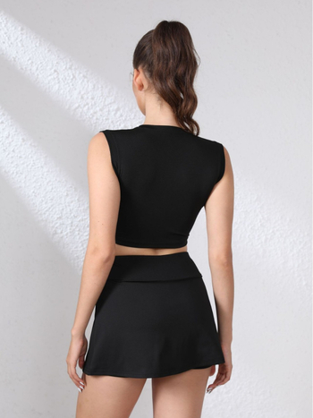 Σετ γιόγκα δύο τεμαχίων για γυναίκες: γιλέκο χωρίς μανίκια και κοντή φούστα, φούστα με σχέδιο τριών σημείων, ελαστικό ύφασμα πολυεστέρα (90% πολυεστέρα, 10% σπάντεξ)