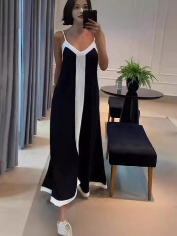 Poliester haljina s tankim naramenicama, V-dekolte, bez rukava, A-linija, duga, visoki struk