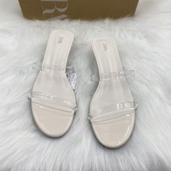 Wedge обувки с две прозрачни тънки презрамки, кристални акценти, квадратен пръст, PU горен материал, среден ток 3–6 cm