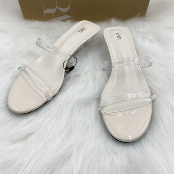 Wedge обувки с две прозрачни тънки презрамки, кристални акценти, квадратен пръст, PU горен материал, среден ток 3–6 cm