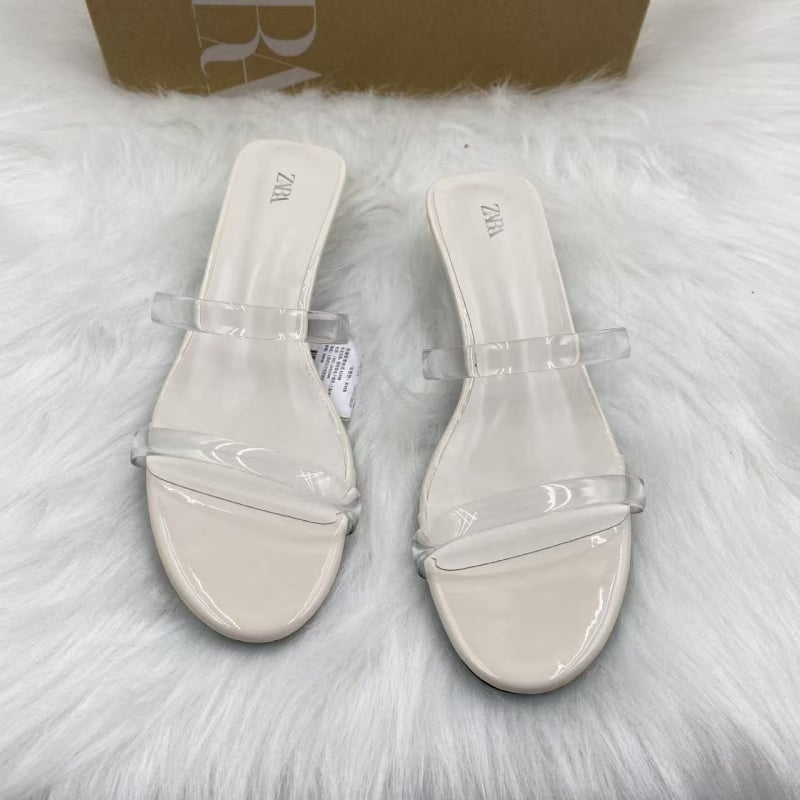 Wedge обувки с две прозрачни тънки презрамки, кристални акценти, квадратен пръст, PU горен материал, среден ток 3–6 cm