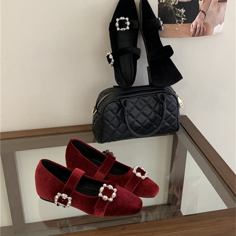 Френски ретро Mary Jane балеринки за жени с вътрешно повдигане на височината, едно презрамване, кръгъл нос, нисък vamp, кристални акценти