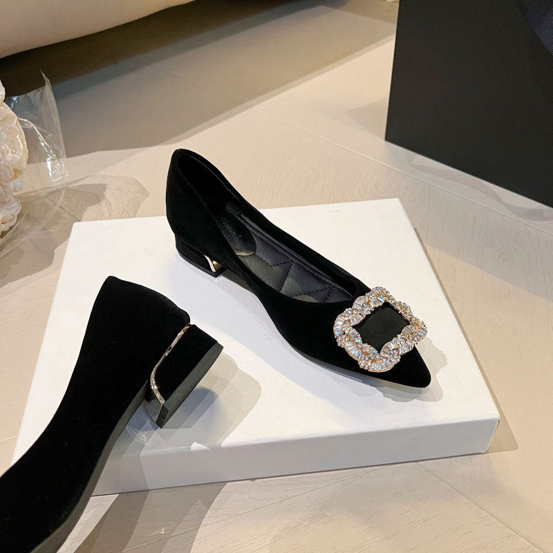 Дамски обувки с остър нос, 2025 модел, Corduroy горна част, нисък ток, PU подметка