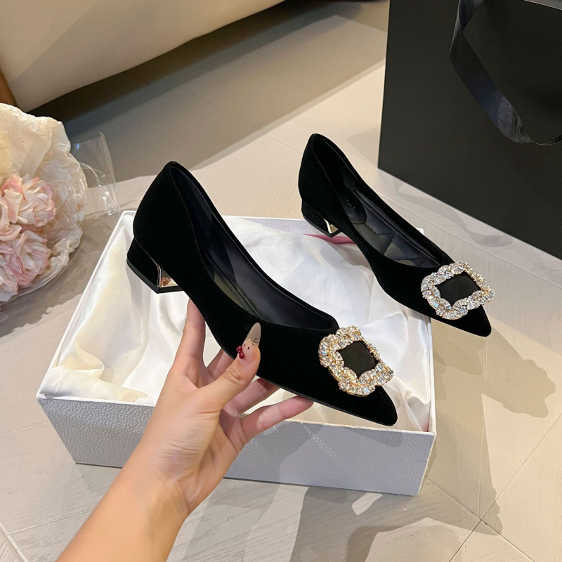 Дамски обувки с остър нос, 2025 модел, Corduroy горна част, нисък ток, PU подметка