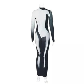 Haljina s apstraktnim printom od Milk Silk, okrugli izrez, dugi rukavi, struk u sredini, jednodijelna duga haljina, poliester 80–90%