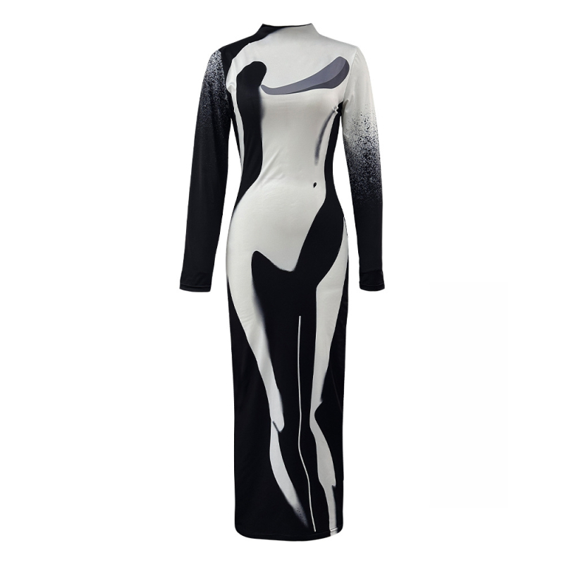 Haljina s apstraktnim printom od Milk Silk, okrugli izrez, dugi rukavi, struk u sredini, jednodijelna duga haljina, poliester 80–90%