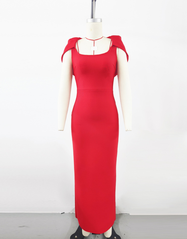 Bodycon haljina, europsko-američkog stila, bez rukava, kvadratni ovratnik, visok struk s pojasom, dugačak kroj