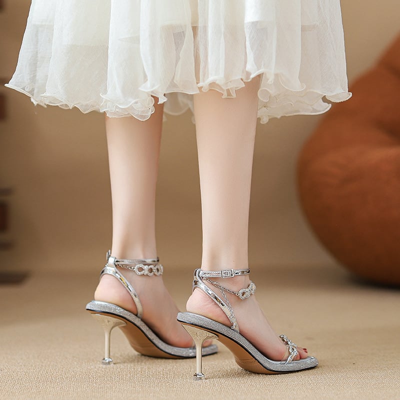 Сандали на висок ток с открит пръст и квадратен нос, закопчаване с катарама, горна част от супер влакна, PU стелка, гумена подметка, височина на тока над 8 см