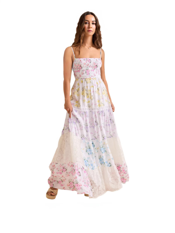 S32326 Ruha – Nyomtatott csipkés bustier felső, ujjatlan, plisírozott oversized maxi szoknya, magas derék