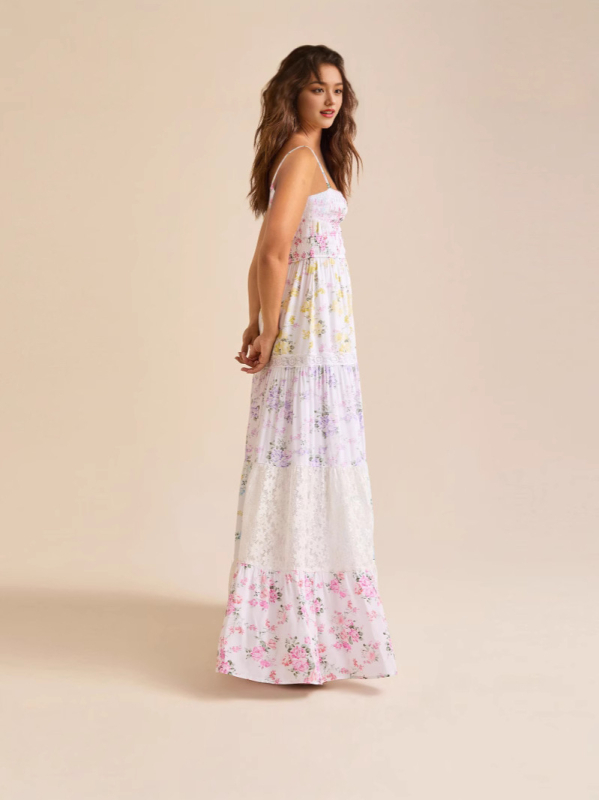 S32326 Ruha – Nyomtatott csipkés bustier felső, ujjatlan, plisírozott oversized maxi szoknya, magas derék