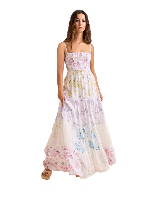 S32326 Ruha – Nyomtatott csipkés bustier felső, ujjatlan, plisírozott oversized maxi szoknya, magas derék