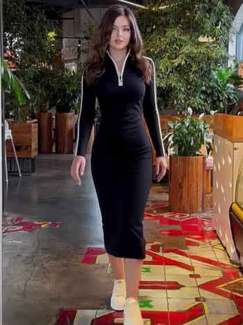 Bodycon haljina s V izrezom, duge rukave, Color Block, poliester