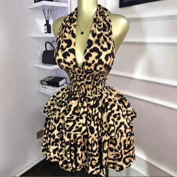 Halter haljina s leopard printom, srednja duljina, slim fit, poliester