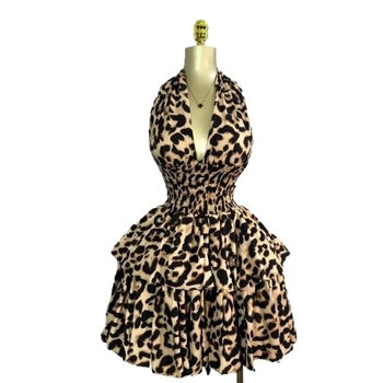 Halter haljina s leopard printom, srednja duljina, slim fit, poliester
