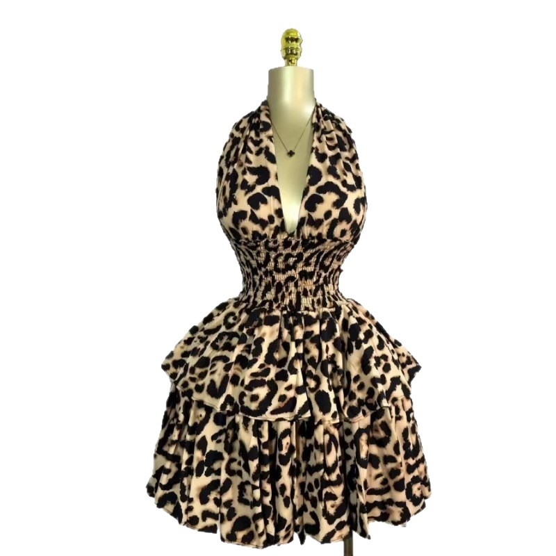 Halter haljina s leopard printom, srednja duljina, slim fit, poliester