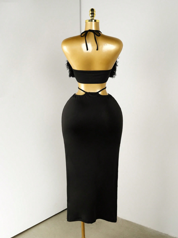 Duga bodycon haljina od pletenine, bez rukava, niski izrez, srednji struk, uski kroj, poliester-elastan smjesa