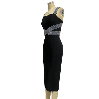 Ručno izrađena haljina bandage s prekriženim trakama i kristalima, bez rukava, visokim strukom, dugačka, poliester-spandex