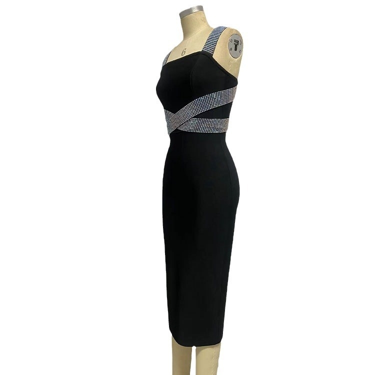 Ručno izrađena haljina bandage s prekriženim trakama i kristalima, bez rukava, visokim strukom, dugačka, poliester-spandex