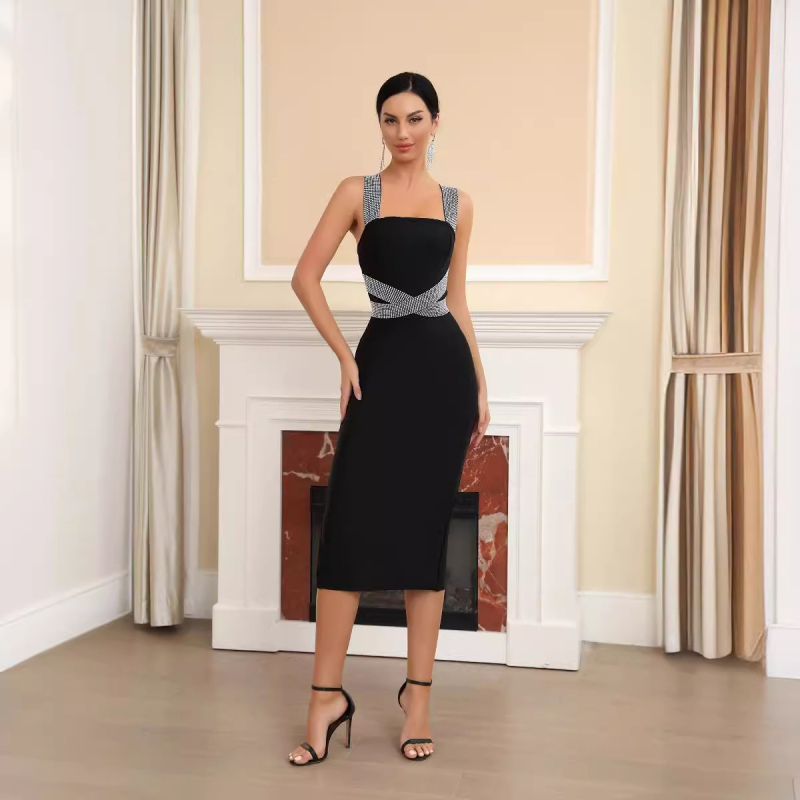 Ručno izrađena haljina bandage s prekriženim trakama i kristalima, bez rukava, visokim strukom, dugačka, poliester-spandex