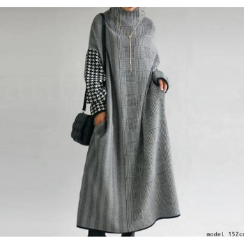 Pletena haljina od konoplje, duga A‑linija silueta, polo visok ovratnik, pulover stil, dugi rukavi