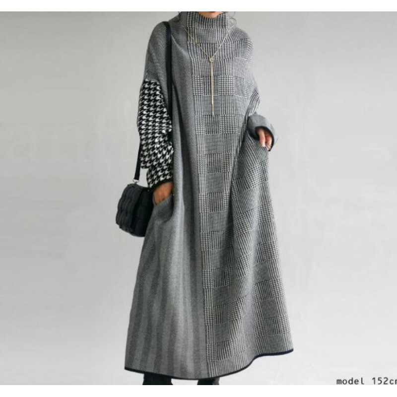 Pletena haljina od konoplje, duga A‑linija silueta, polo visok ovratnik, pulover stil, dugi rukavi