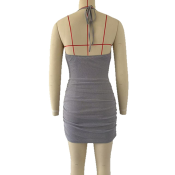 Poliészteres halternyakú ruha, egyszínű, V-nyakú, pántos szoknya