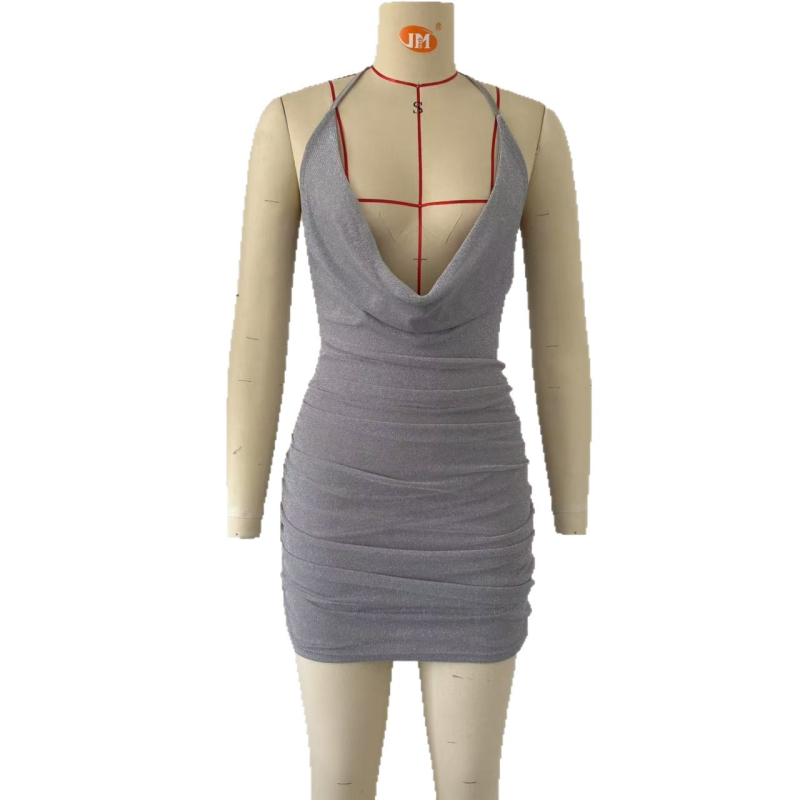 Poliészteres halternyakú ruha, egyszínű, V-nyakú, pántos szoknya