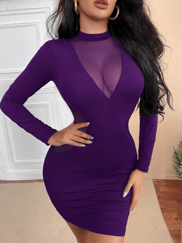 Bodycon haljina s mrežastim panelima, visokim strukom, kratka duljina, dugi rukavi, okrugli izrez