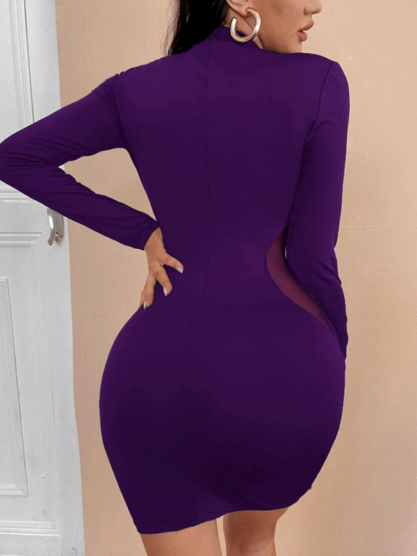 Bodycon haljina s mrežastim panelima, visokim strukom, kratka duljina, dugi rukavi, okrugli izrez