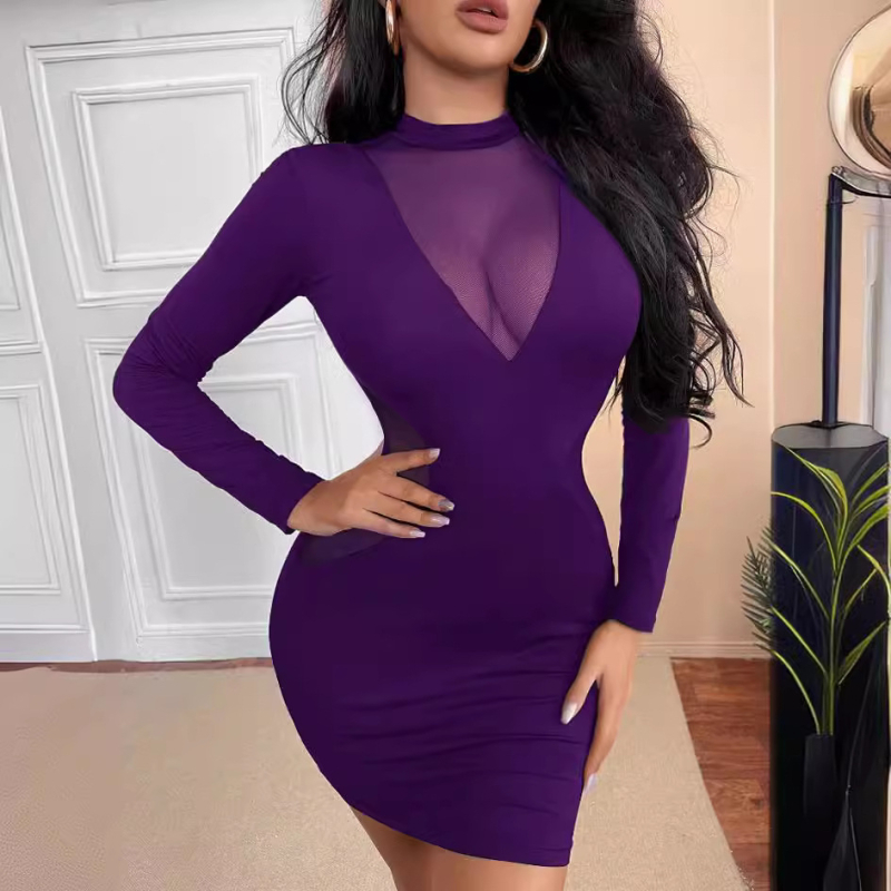 Bodycon haljina s mrežastim panelima, visokim strukom, kratka duljina, dugi rukavi, okrugli izrez
