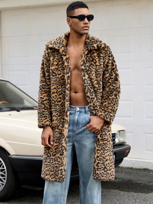 Ανδρικό παλτό συνθετικής γούνας με λεοπάρ print, πέτο, μακρύ μήκος, φαρδιά γραμμή