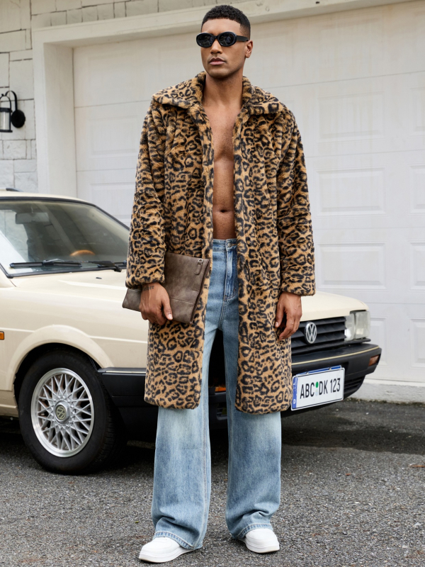 Ανδρικό παλτό συνθετικής γούνας με λεοπάρ print, πέτο, μακρύ μήκος, φαρδιά γραμμή