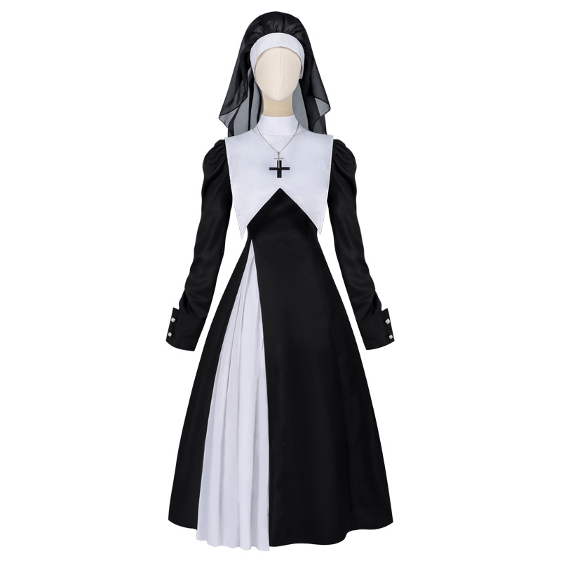 Nun cosplay ruha és hozzá tartozó szett hosszú ujjúval, retro irodalmi stílus, poliészter 95% + spandex 5%, plisírozott dizájn, téli 2022 kiadás